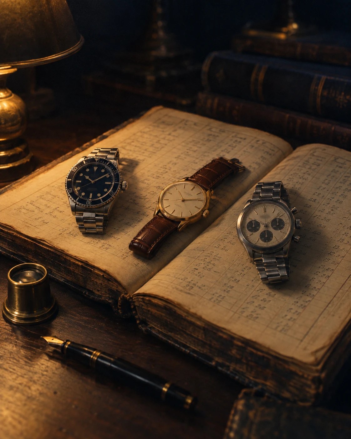 Three vintage watches on an old price ledger