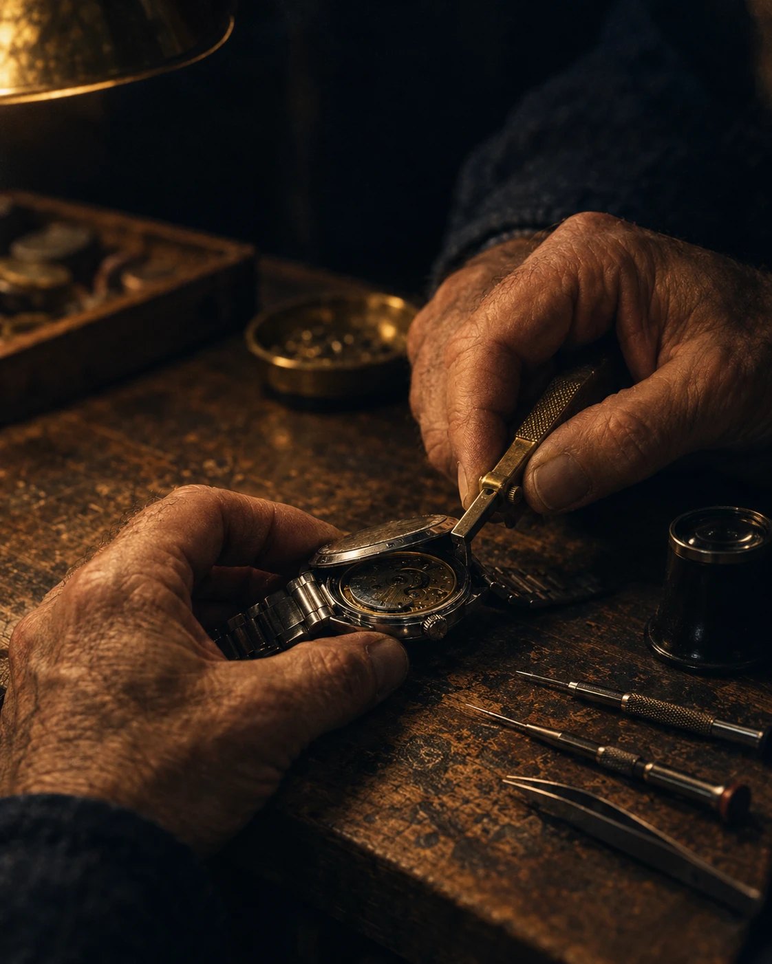 Hands opening the caseback of a vintage watch on a watchmaker&rsquo;s bench